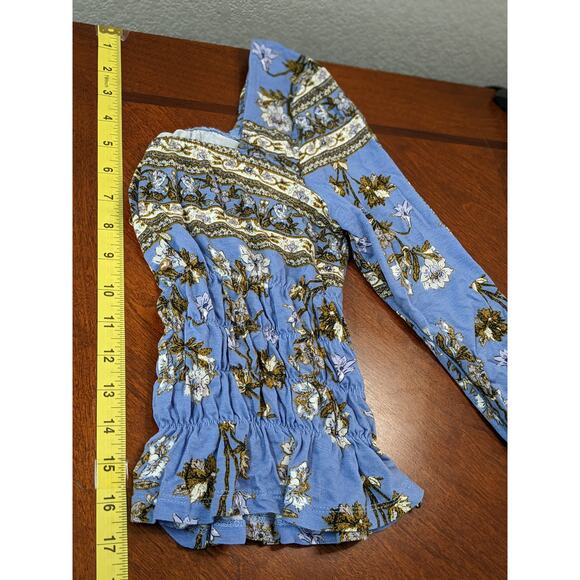 Lascana Floral Fitted Blouse XS Blue Green Smocked Button Up Long Sleeve Ruffled - Picture 6 of 8